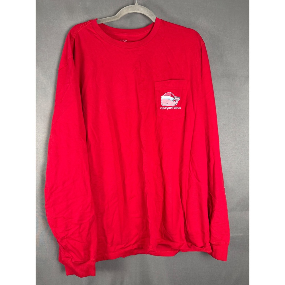 Vineyard Vines T-Shirt Mens XL Red Santa Whale Christmas Long Sleeve Pocket